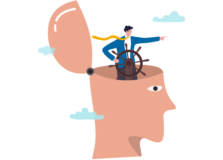 Mann steht am Ruder eines Schiffes innerhalb eines aufgeklappten Kopfes als Symbol für Selbstführung und mentale Stärke